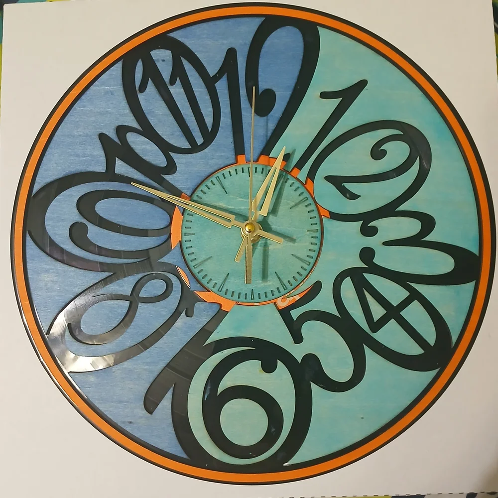 Modern Blue and Black Vinyl Record And Wood Wall Clock
